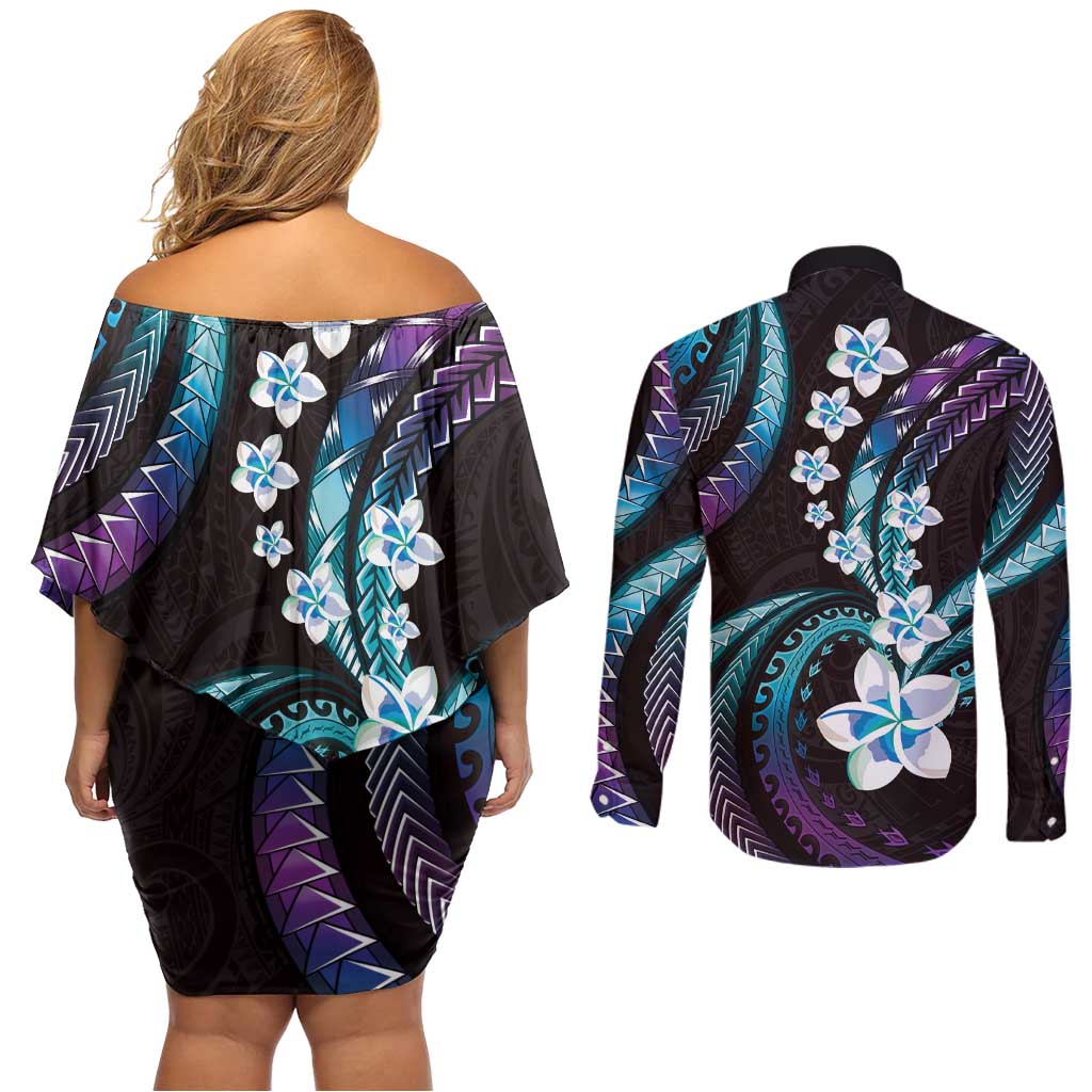 Hawaii Plumeria Couples Matching Off Shoulder Short Dress and Long Sleeve Button Shirt Amethyst Gradient Polynesian Pattern