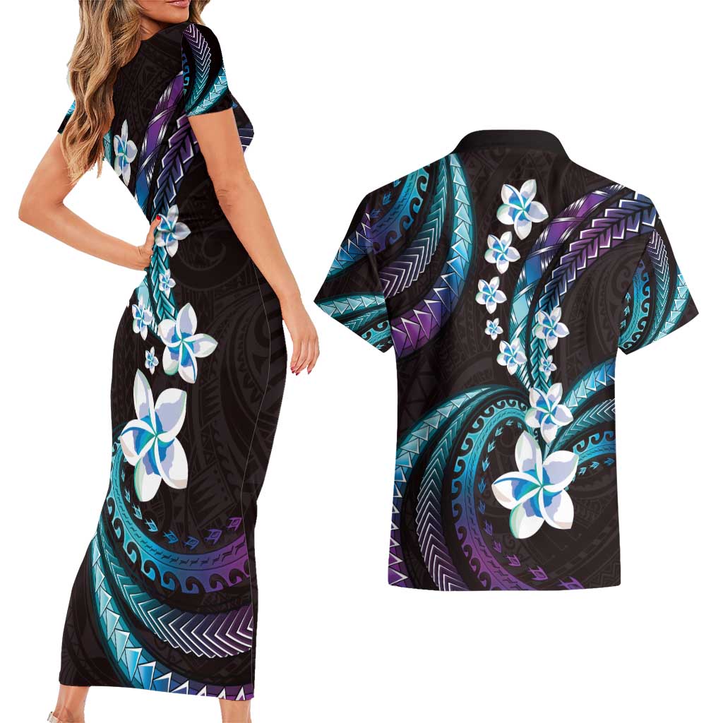 Hawaii Plumeria Couples Matching Short Sleeve Bodycon Dress and Hawaiian Shirt Amethyst Gradient Polynesian Pattern