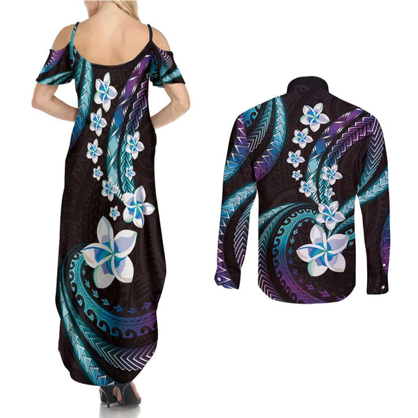 Polynesian Hawaii Couples Off Shoulder Maxi Dress and Long Sleeve Button Shirts Lanai Islands with Pacific Plumeria White Vibe LT9