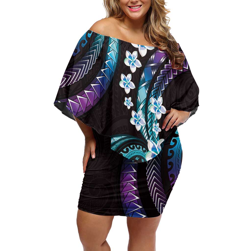 Hawaii Plumeria Family Matching Off Shoulder Short Dress and Hawaiian Shirt Amethyst Gradient Polynesian Pattern