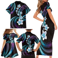 Hawaii Plumeria Family Matching Short Sleeve Bodycon Dress and Hawaiian Shirt Amethyst Gradient Polynesian Pattern