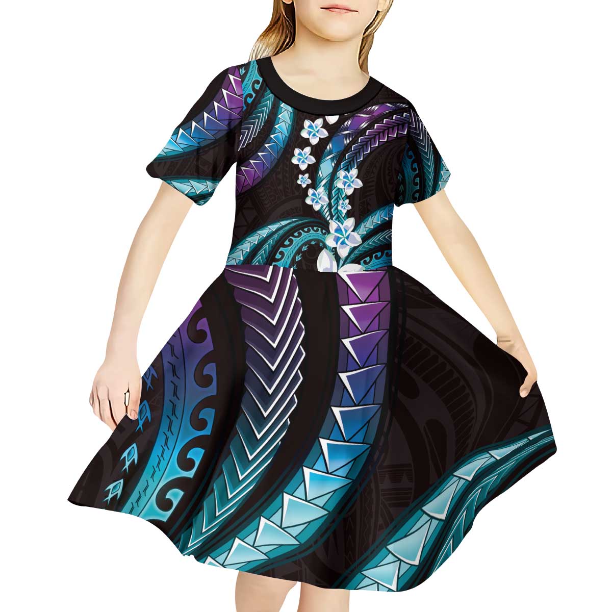 Hawaii Plumeria Kid Short Sleeve Dress Amethyst Gradient Polynesian Pattern