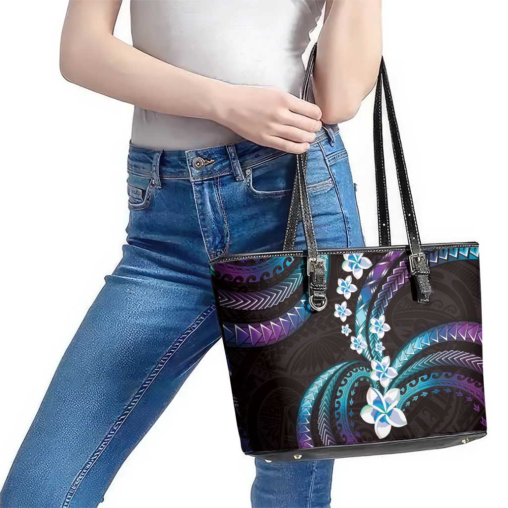 Hawaii Plumeria Leather Tote Bag Amethyst Gradient Polynesian Pattern