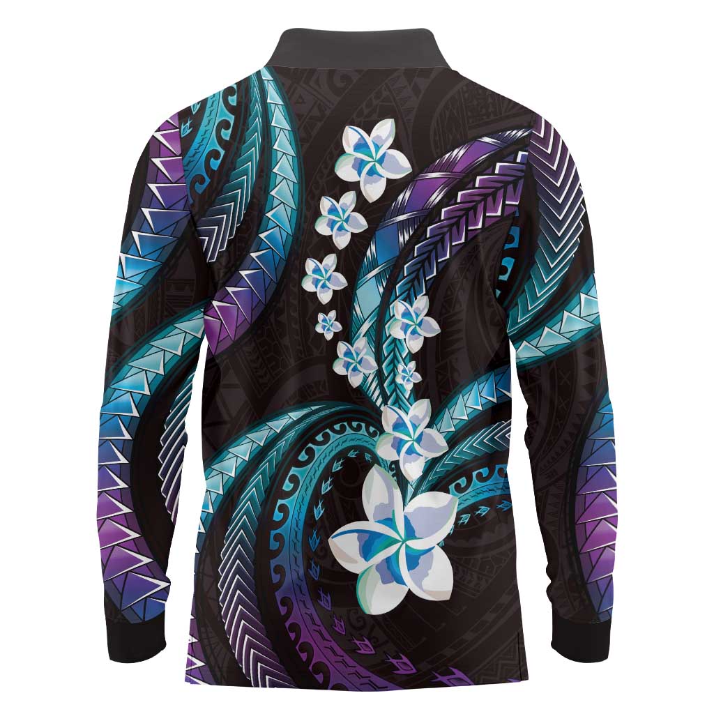Hawaii Plumeria Long Sleeve Polo Shirt Amethyst Gradient Polynesian Pattern