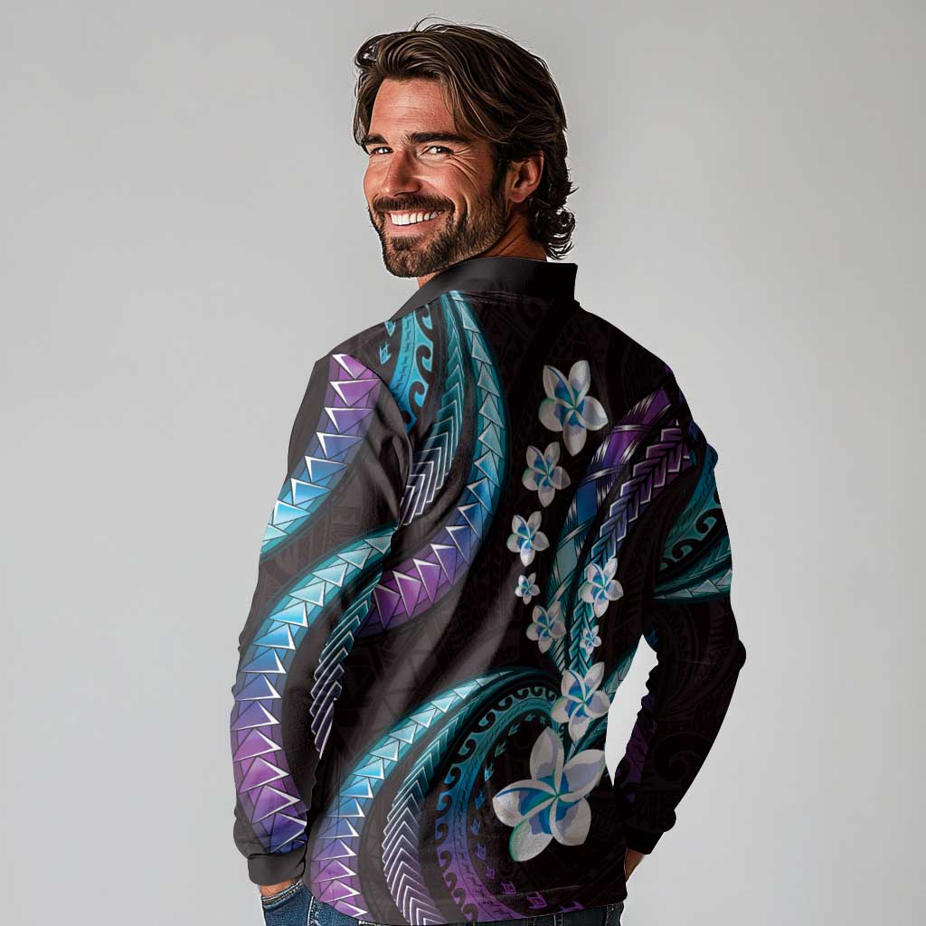 Hawaii Plumeria Long Sleeve Polo Shirt Amethyst Gradient Polynesian Pattern