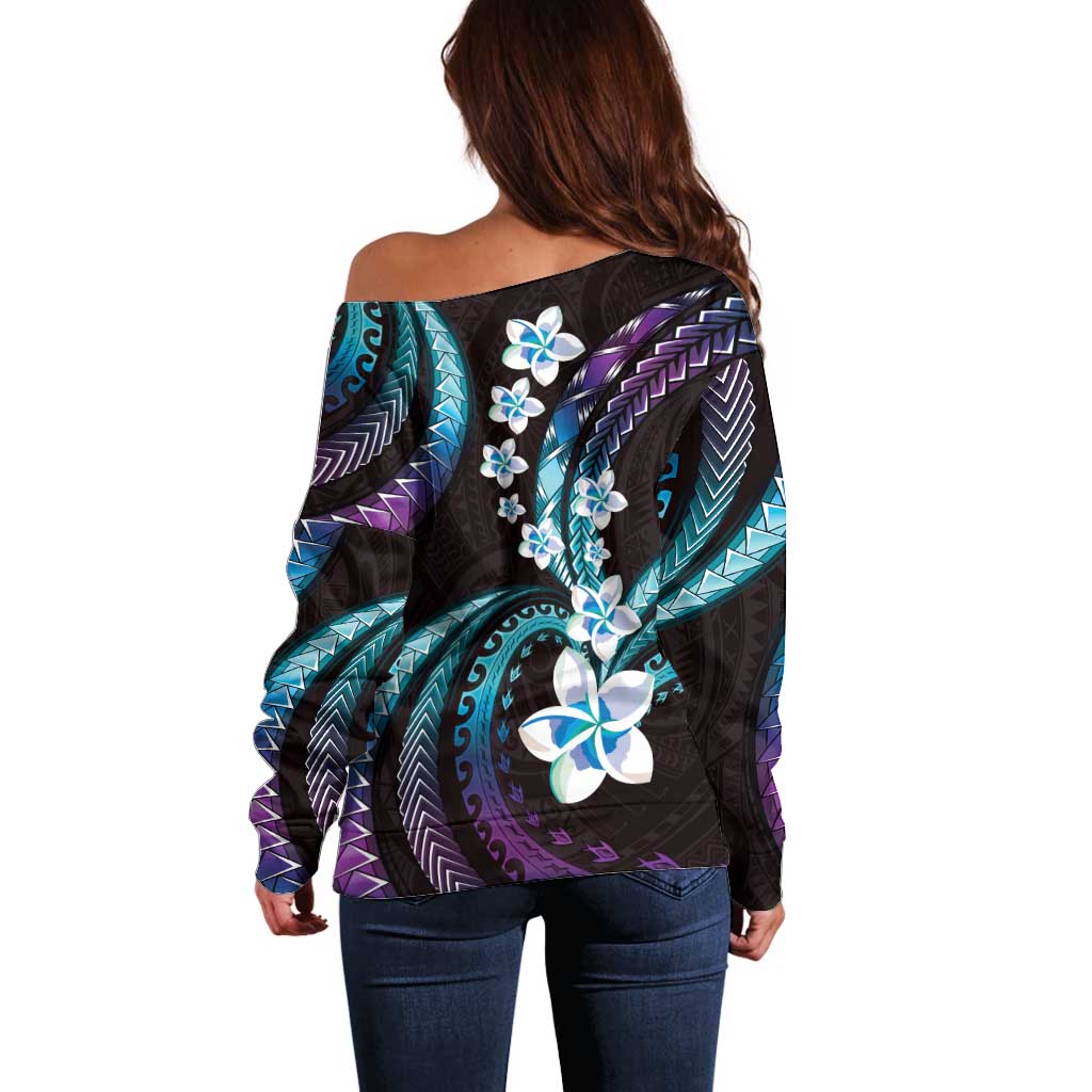 Hawaii Plumeria Off Shoulder Sweater Amethyst Gradient Polynesian Pattern