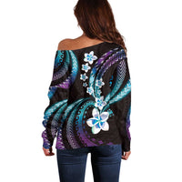 Hawaii Plumeria Off Shoulder Sweater Amethyst Gradient Polynesian Pattern