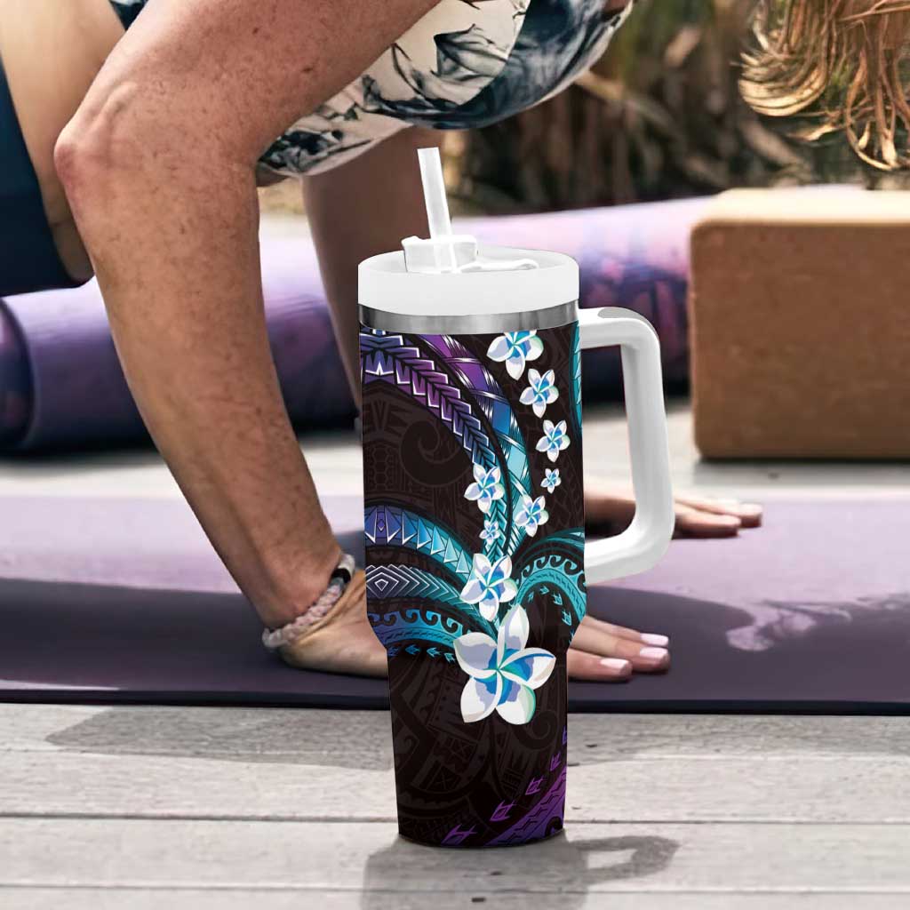 Hawaii Plumeria Tumbler With Handle Amethyst Gradient Polynesian Pattern