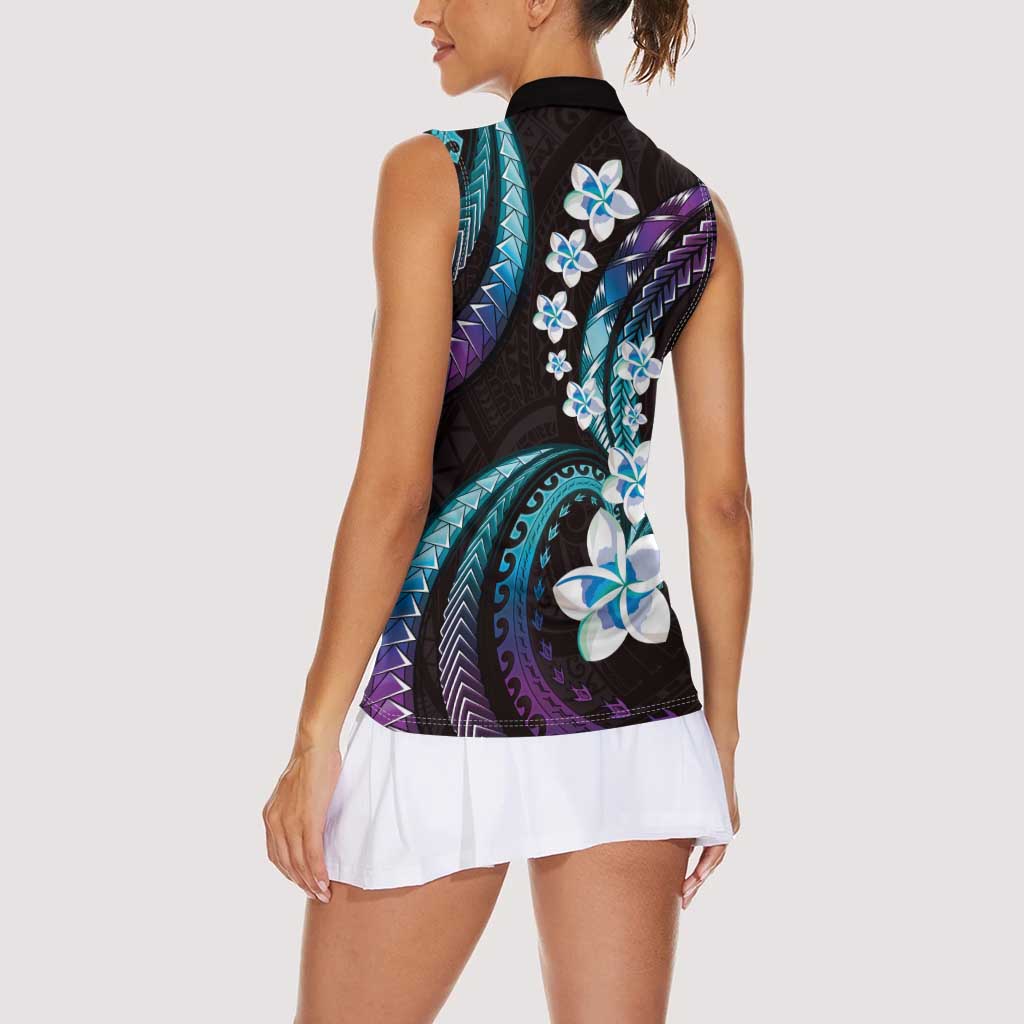 Hawaii Plumeria Women Sleeveless Polo Shirt Amethyst Gradient Polynesian Pattern