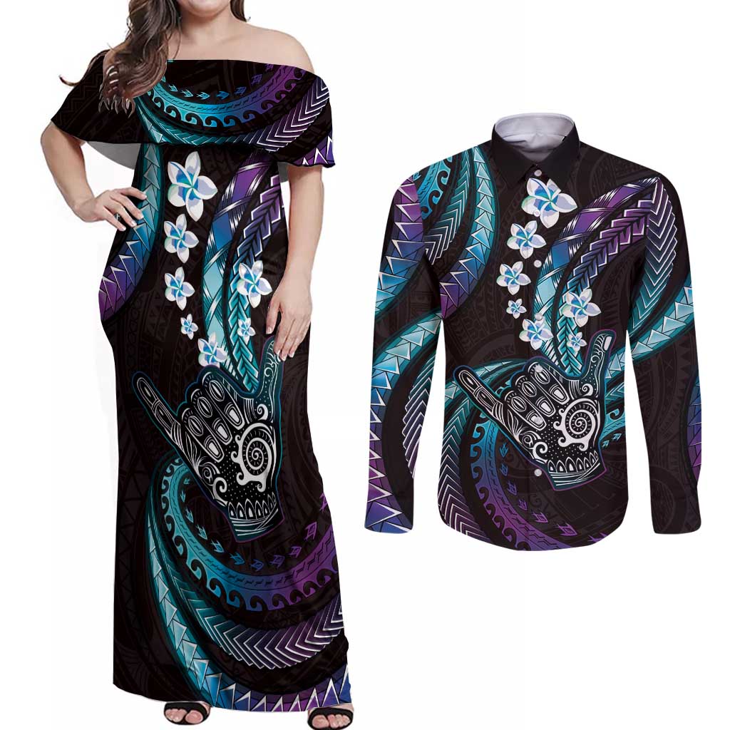 Hawaii Shaka Sign Couples Matching Off Shoulder Maxi Dress and Long Sleeve Button Shirt Fantastic Frangipani Amethyst Gradient