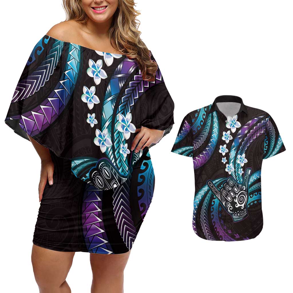Hawaii Shaka Sign Couples Matching Off Shoulder Short Dress and Hawaiian Shirt Fantastic Frangipani Amethyst Gradient
