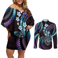 Hawaii Shaka Sign Couples Matching Off Shoulder Short Dress and Long Sleeve Button Shirt Fantastic Frangipani Amethyst Gradient