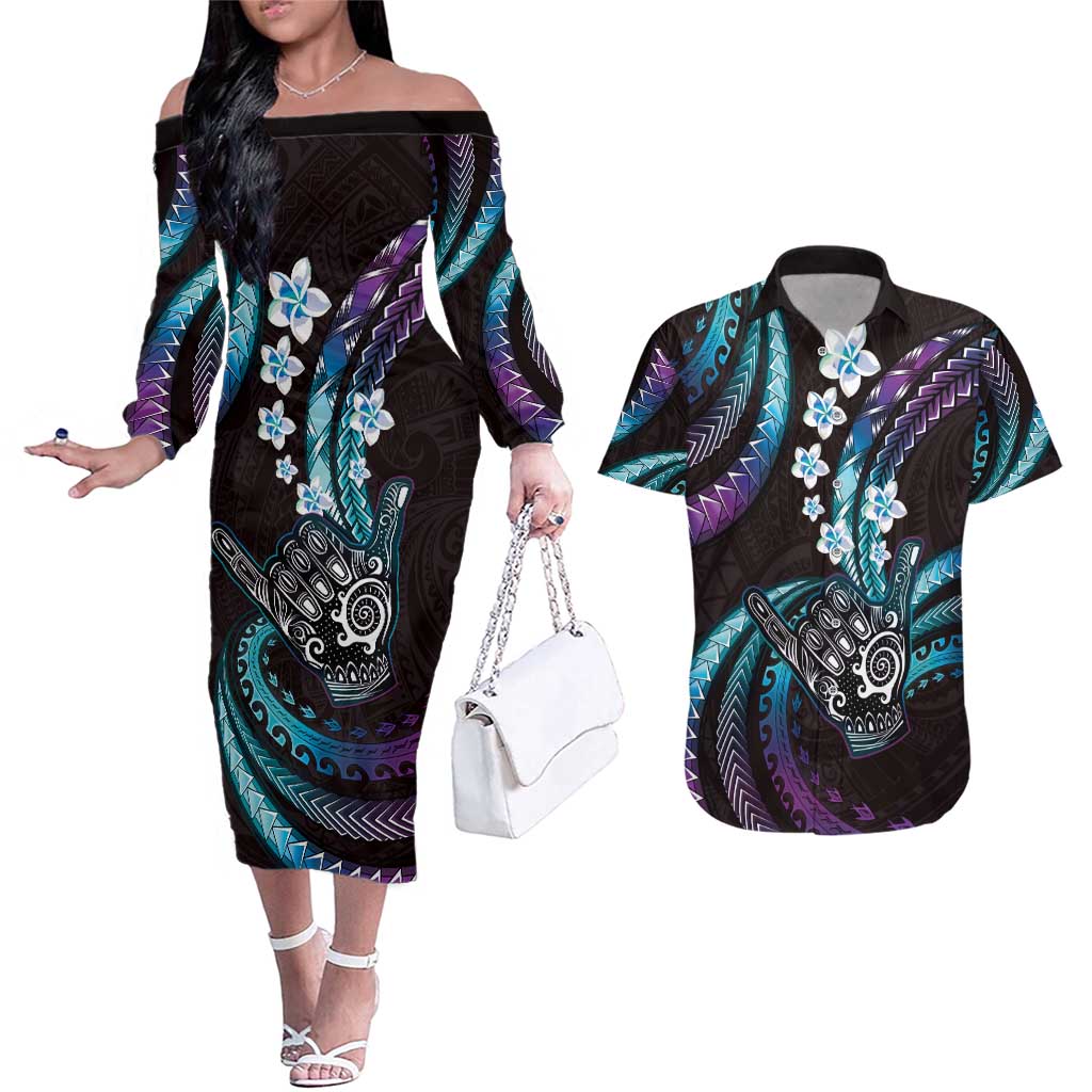 Hawaii Shaka Sign Couples Matching Off The Shoulder Long Sleeve Dress and Hawaiian Shirt Fantastic Frangipani Amethyst Gradient