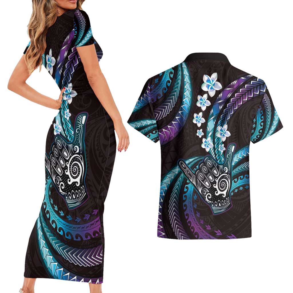 Hawaii Shaka Sign Couples Matching Short Sleeve Bodycon Dress and Hawaiian Shirt Fantastic Frangipani Amethyst Gradient