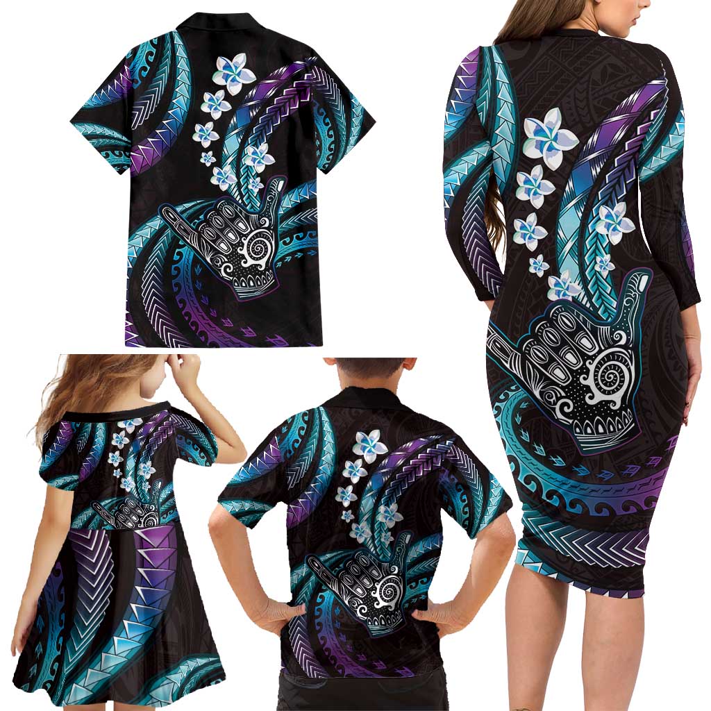 Hawaii Shaka Sign Family Matching Long Sleeve Bodycon Dress and Hawaiian Shirt Fantastic Frangipani Amethyst Gradient