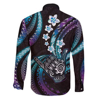 Hawaii Shaka Sign Family Matching Long Sleeve Bodycon Dress and Hawaiian Shirt Fantastic Frangipani Amethyst Gradient