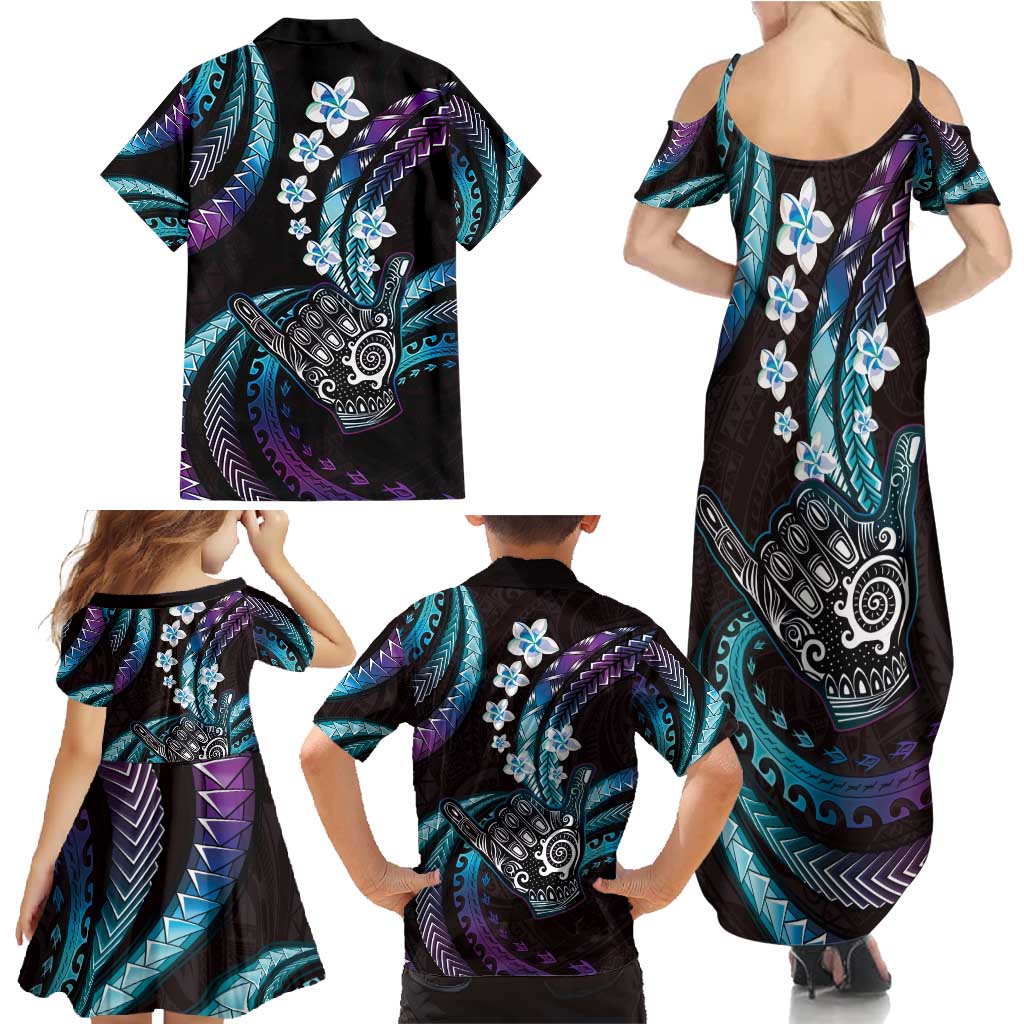 Hawaii Shaka Sign Family Matching Summer Maxi Dress and Hawaiian Shirt Fantastic Frangipani Amethyst Gradient