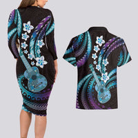 Hawaiian Ukulele Couples Matching Long Sleeve Bodycon Dress and Hawaiian Shirt Amethyst Gradient Fantastic Plumeria
