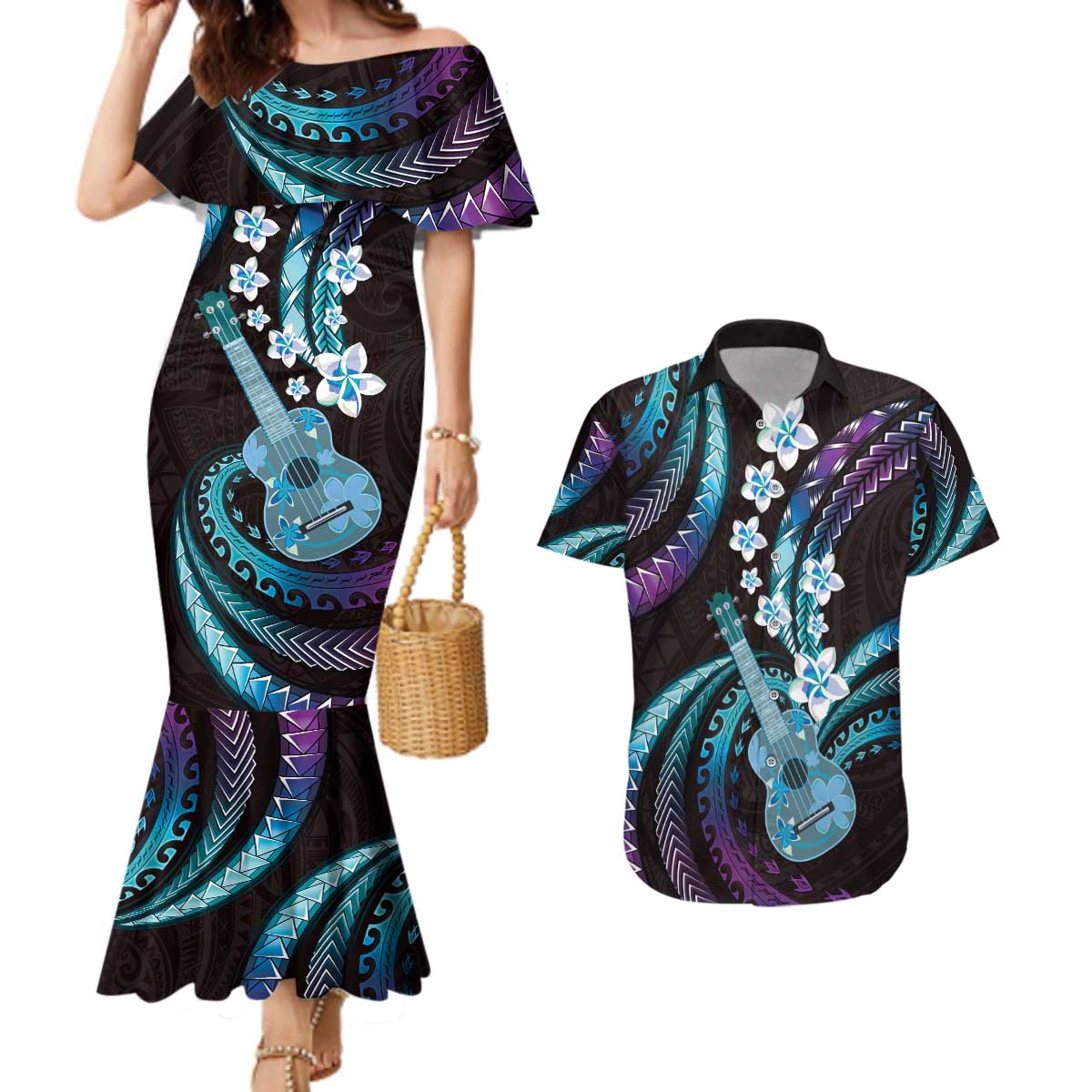 Hawaiian Ukulele Couples Matching Mermaid Dress and Hawaiian Shirt Amethyst Gradient Fantastic Plumeria