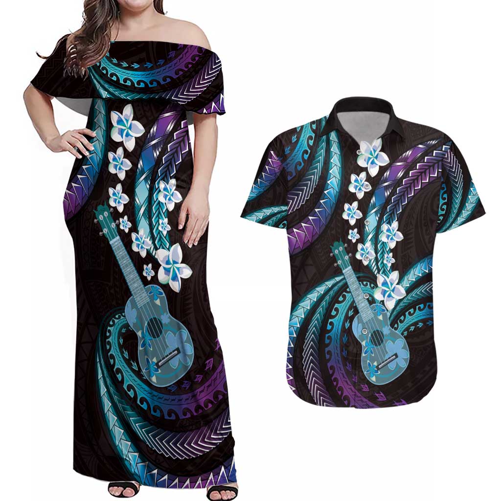 Hawaiian Ukulele Couples Matching Off Shoulder Maxi Dress and Hawaiian Shirt Amethyst Gradient Fantastic Plumeria LT01 Purple - Polynesian Pride