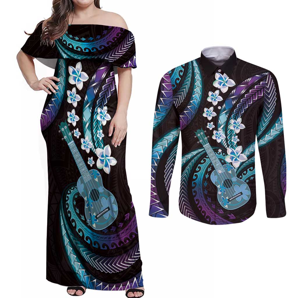 Hawaiian Ukulele Couples Matching Off Shoulder Maxi Dress and Long Sleeve Button Shirt Amethyst Gradient Fantastic Plumeria