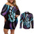 Hawaiian Ukulele Couples Matching Off Shoulder Short Dress and Long Sleeve Button Shirt Amethyst Gradient Fantastic Plumeria