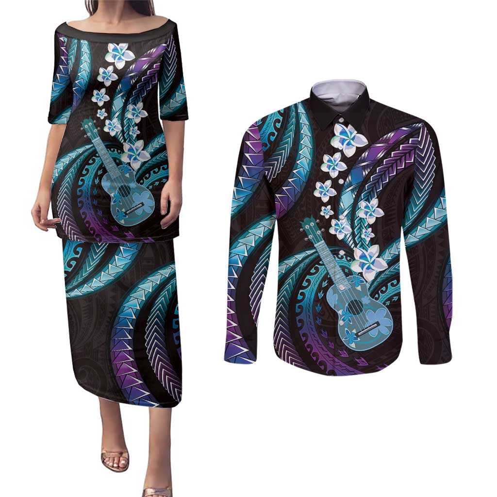 Hawaiian Ukulele Couples Matching Puletasi and Long Sleeve Button Shirt Amethyst Gradient Fantastic Plumeria