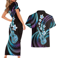 Hawaiian Ukulele Couples Matching Short Sleeve Bodycon Dress and Hawaiian Shirt Amethyst Gradient Fantastic Plumeria