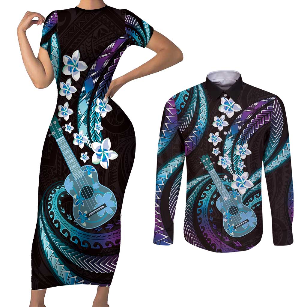Hawaiian Ukulele Couples Matching Short Sleeve Bodycon Dress and Long Sleeve Button Shirt Amethyst Gradient Fantastic Plumeria