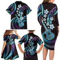 Hawaiian Ukulele Family Matching Long Sleeve Bodycon Dress and Hawaiian Shirt Amethyst Gradient Fantastic Plumeria