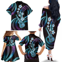 Hawaiian Ukulele Family Matching Off The Shoulder Long Sleeve Dress and Hawaiian Shirt Amethyst Gradient Fantastic Plumeria