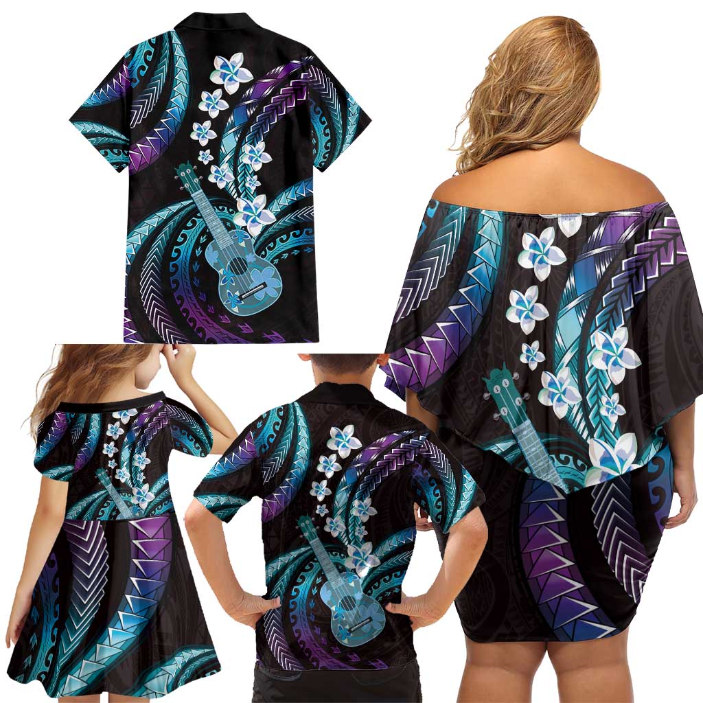 Hawaiian Ukulele Family Matching Off Shoulder Short Dress and Hawaiian Shirt Amethyst Gradient Fantastic Plumeria