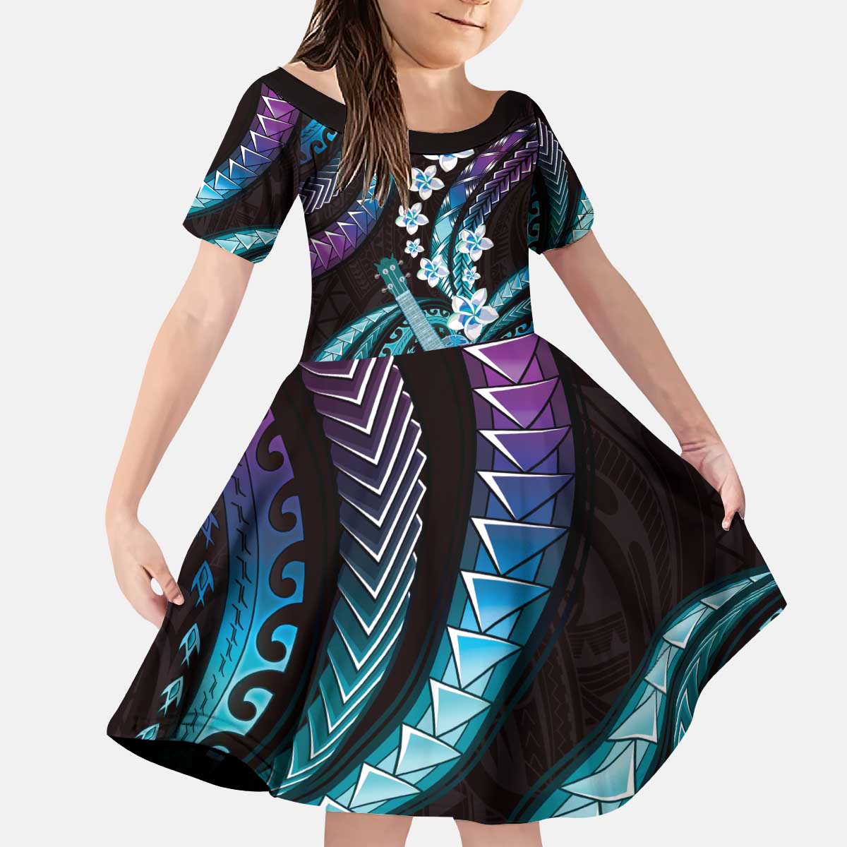 Hawaiian Ukulele Kid Short Sleeve Dress Amethyst Gradient Fantastic Plumeria