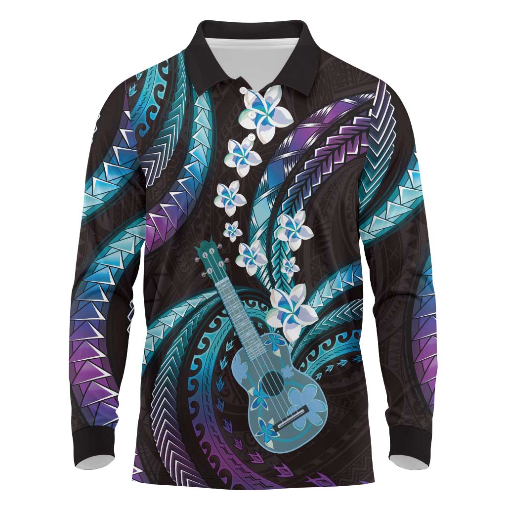 Hawaiian Ukulele Long Sleeve Polo Shirt Amethyst Gradient Fantastic Plumeria