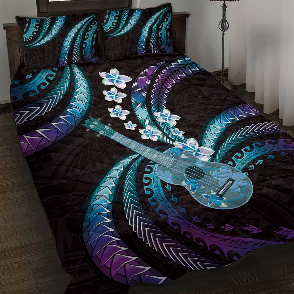 Hawaiian Ukulele Quilt Bed Set Amethyst Gradient Fantastic Plumeria