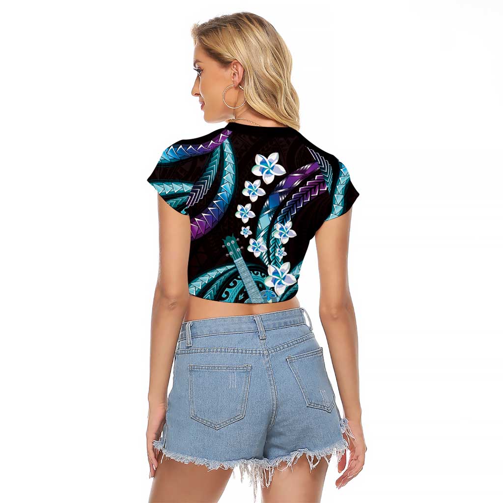 Hawaiian Ukulele Raglan Cropped T Shirt Amethyst Gradient Fantastic Plumeria