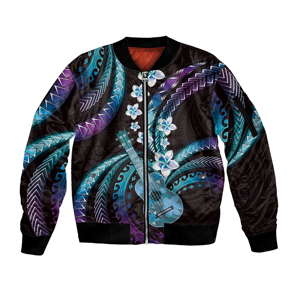 Hawaiian Ukulele Sleeve Zip Bomber Jacket Amethyst Gradient Fantastic Plumeria