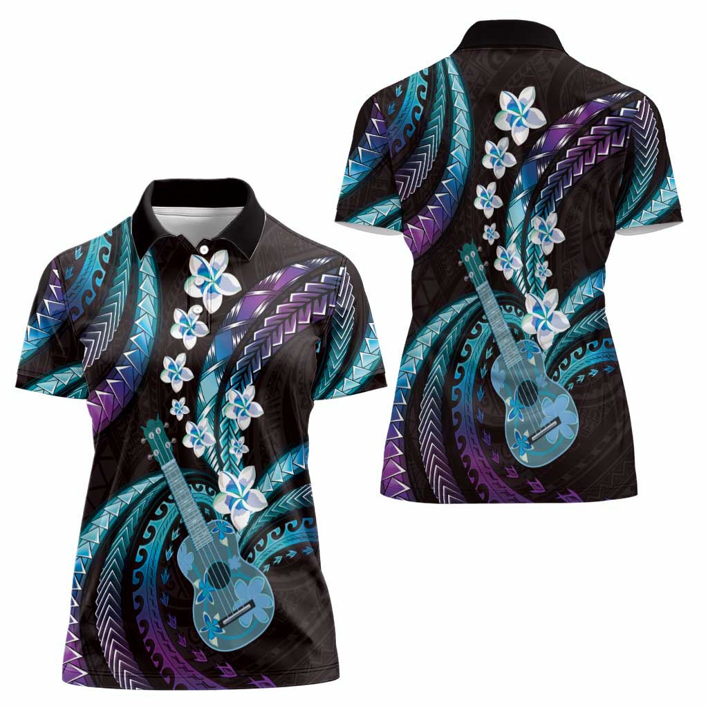 Hawaiian Ukulele Women Polo Shirt Amethyst Gradient Fantastic Plumeria