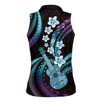 Hawaiian Ukulele Women Sleeveless Polo Shirt Amethyst Gradient Fantastic Plumeria