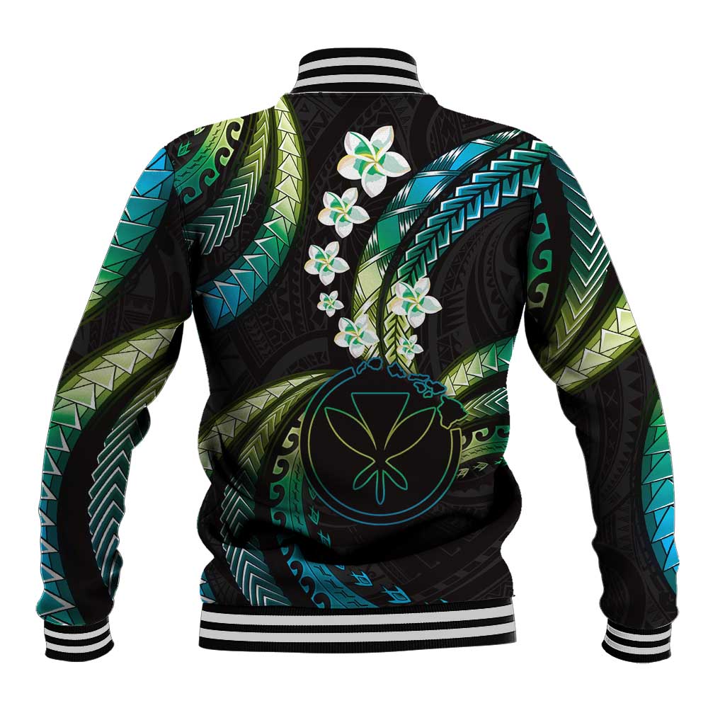 Hawaii Map Kanaka Maoli Baseball Jacket Fantastic Frangipani Chartreuse Cyan