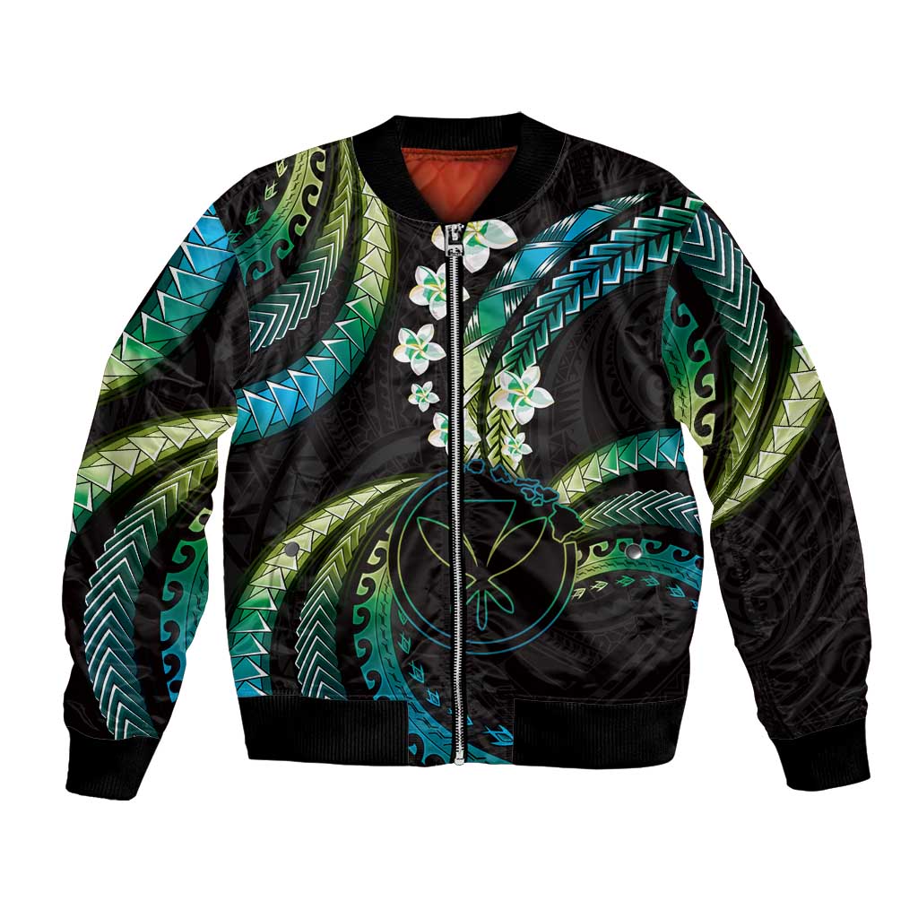 Hawaii Map Kanaka Maoli Bomber Jacket Fantastic Frangipani Chartreuse Cyan