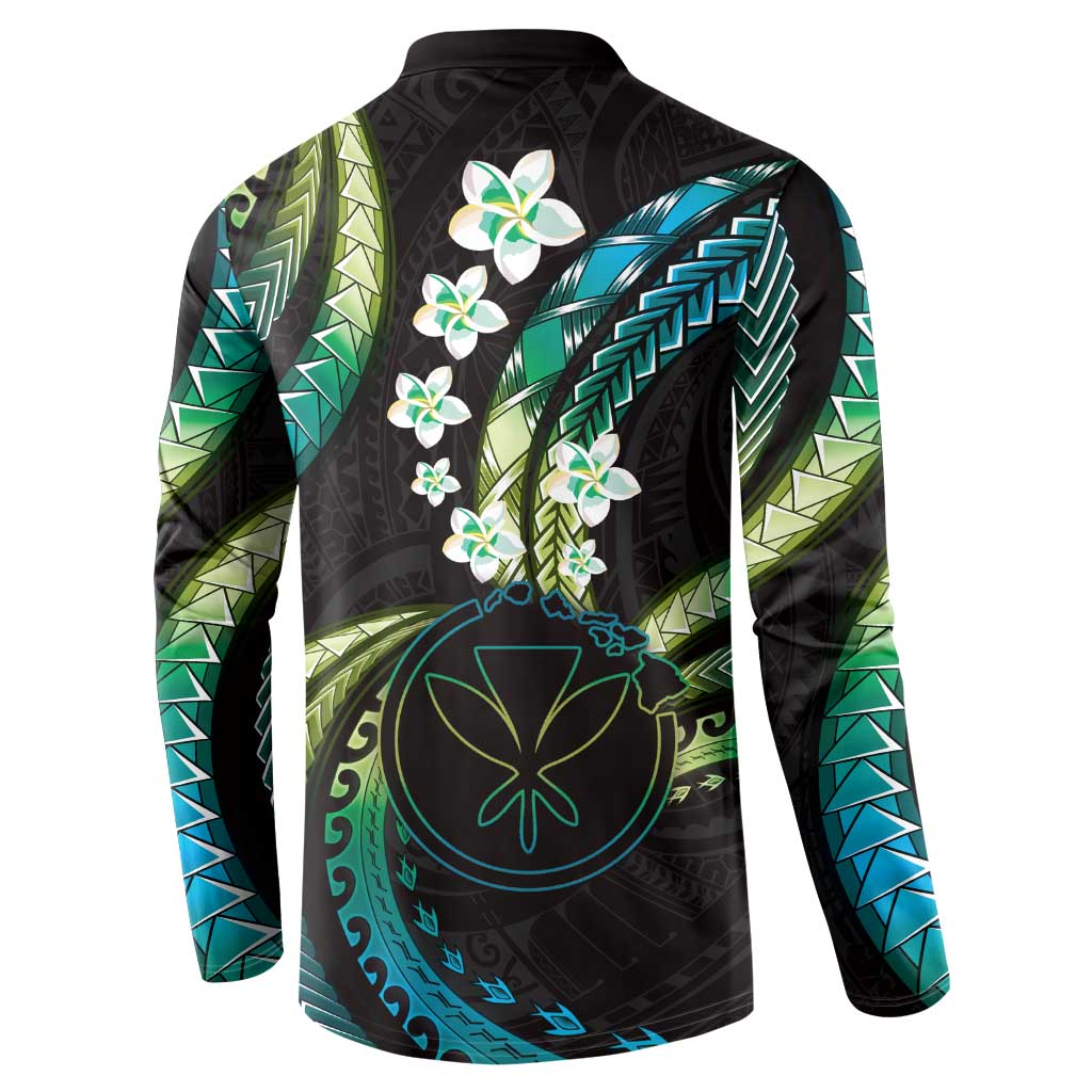 Hawaii Map Kanaka Maoli Button Sweatshirt Fantastic Frangipani Chartreuse Cyan