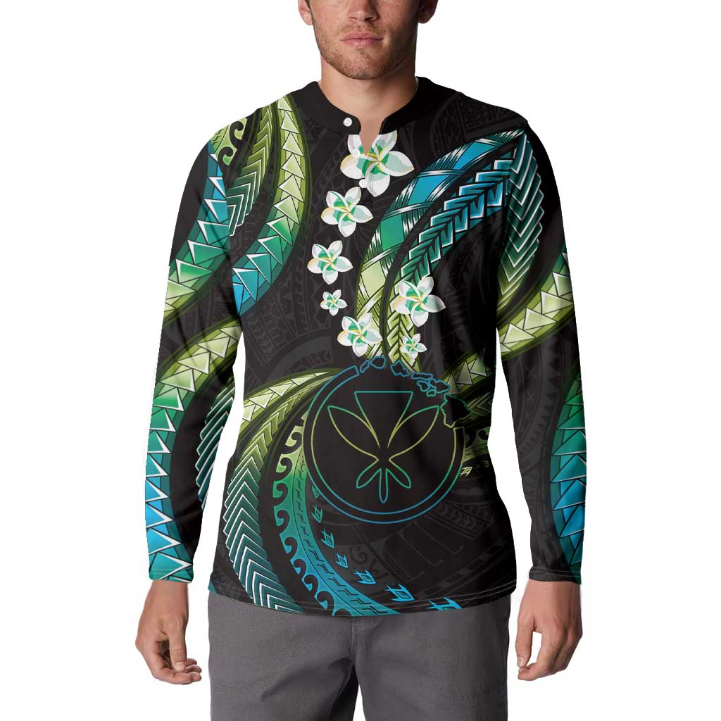 Hawaii Map Kanaka Maoli Button Sweatshirt Fantastic Frangipani Chartreuse Cyan