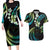 Hawaii Map Kanaka Maoli Couples Matching Long Sleeve Bodycon Dress and Hawaiian Shirt Fantastic Frangipani Chartreuse Cyan