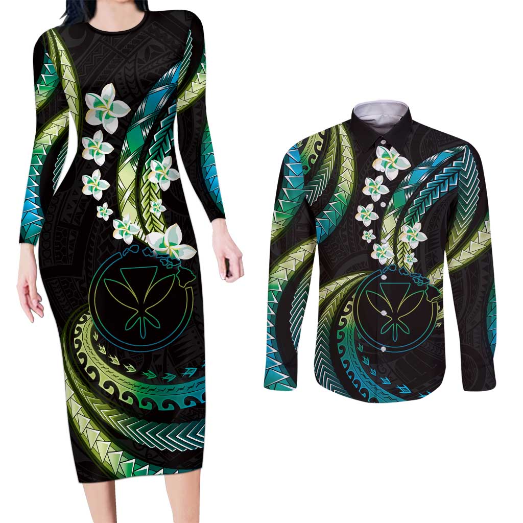 Hawaii Map Kanaka Maoli Couples Matching Long Sleeve Bodycon Dress and Long Sleeve Button Shirt Fantastic Frangipani Chartreuse Cyan