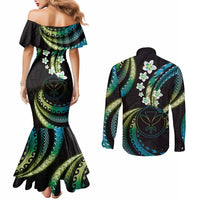 Hawaii Map Kanaka Maoli Couples Matching Mermaid Dress and Long Sleeve Button Shirt Fantastic Frangipani Chartreuse Cyan
