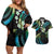 Hawaii Map Kanaka Maoli Couples Matching Off Shoulder Short Dress and Hawaiian Shirt Fantastic Frangipani Chartreuse Cyan