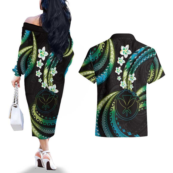 Hawaii Kanaka Maoli Couples Matching Off Shoulder Maxi Dress and Long Sleeve Button Shirts Polynesian Tornado Infusion Gradient TS04