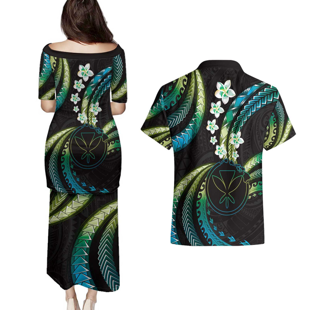 Hawaii Map Kanaka Maoli Couples Matching Puletasi and Hawaiian Shirt Fantastic Frangipani Chartreuse Cyan