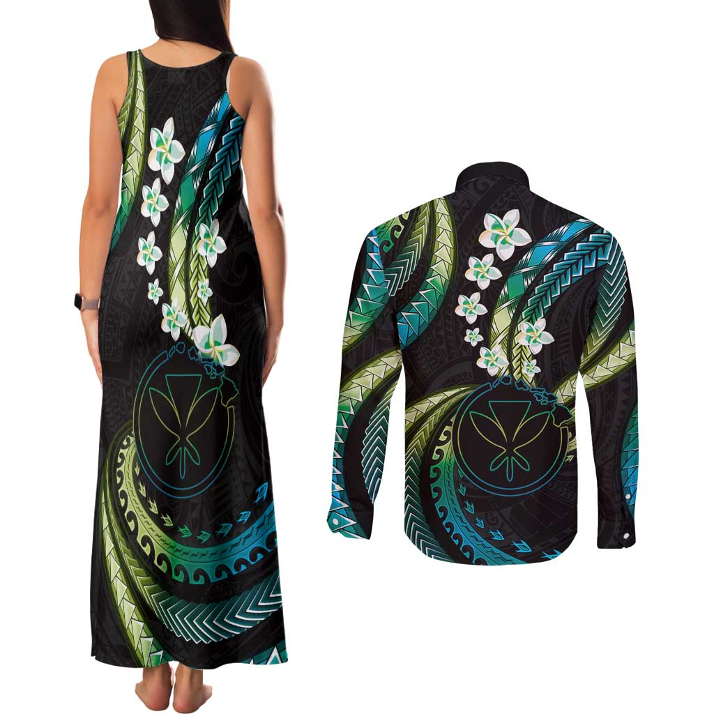 Hawaii Map Kanaka Maoli Couples Matching Tank Maxi Dress and Long Sleeve Button Shirt Fantastic Frangipani Chartreuse Cyan